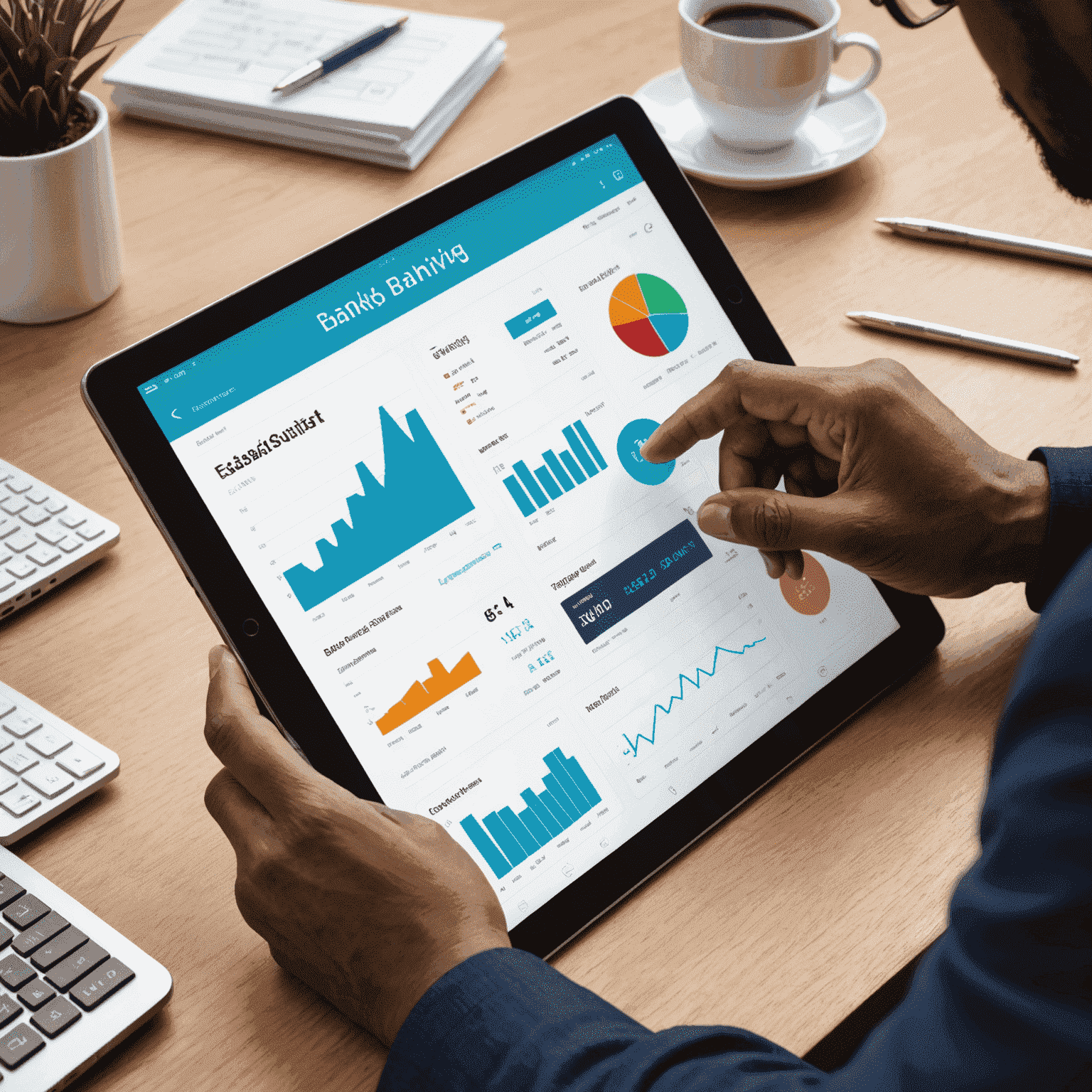 A person using Etipos' digital banking interface on a tablet, showcasing various financial management tools